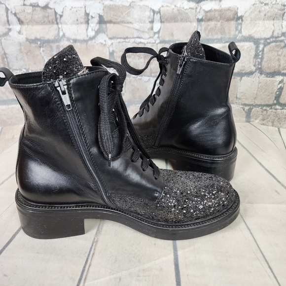 Tosca Blu Leather Combat  Boots Black Glitter Accents Size 39 Goth Punk - Picture 10 of 15